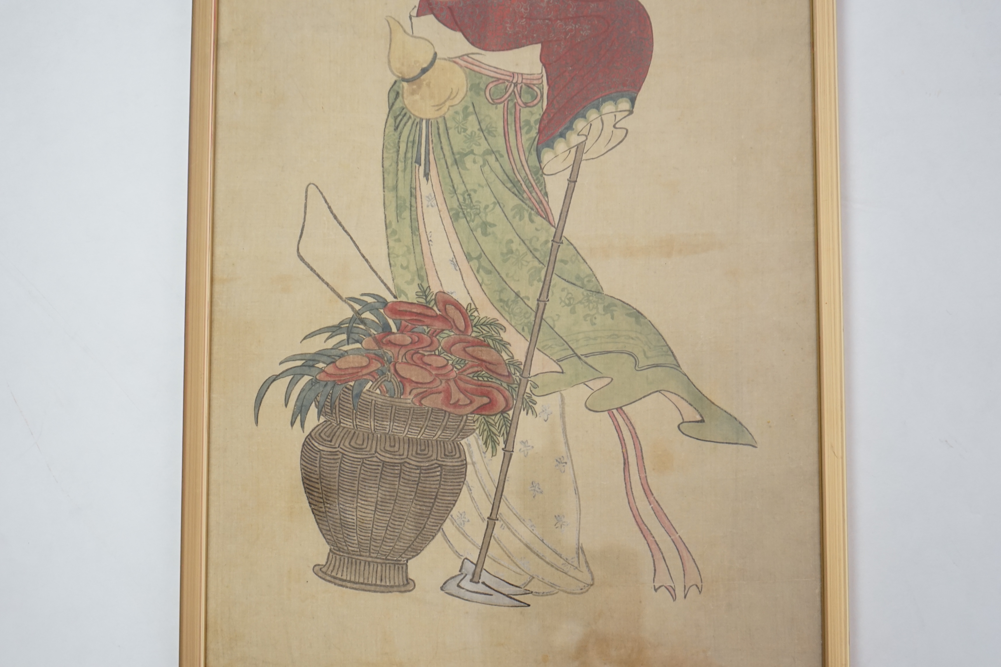 Chinese School, 19th century, ink and colour on paper, Magu with a basket of flowers